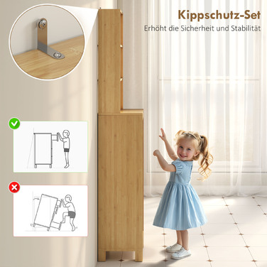 Вузька шафа для ванної кімнати, висока шафа з 3 відкритими полицями, регульованими полицями, жалюзійною дверцятами, розміром 34 x 30 x 170 см, колір - натуральний