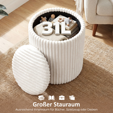 Пуф-комод з двосторонньою кришкою, сучасний велюровий пуф у стилі корду для вітальні та спальні, білий