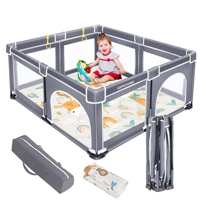 Складаний манеж GERCHAM 150x180 см з матрацом, дихаючою сіткою та стійкою основою — безпечний ігровий простір для дітей