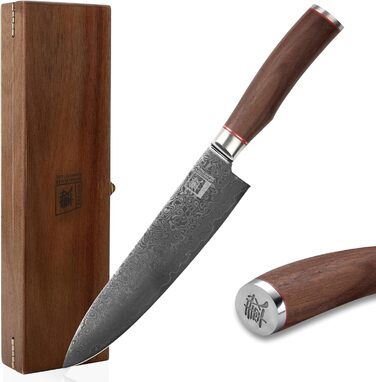 Кухонний ніж шеф-кухаря Zayiko Kurumi Damast з лезом з 67 шарів дамаску, ручка з горіха, дерев'яна коробка