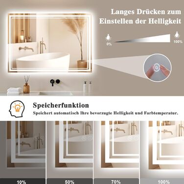 Дзеркало для ванної кімнати з підсвічуванням Badspiegel 50x70см LED, антизапар, сенсорне керування, регулювання яскравості, 3 кольори світла, настінне, горизонтальне/вертикальне