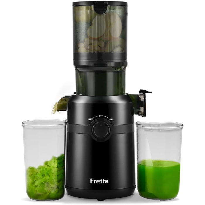 Фреш-прес Fretta Slow Juicer: повільний відцентровий соковичавник, 200W, великий завантажувальний отвір 108 мм, BPA-free Tritan, легке очищення (чорний)