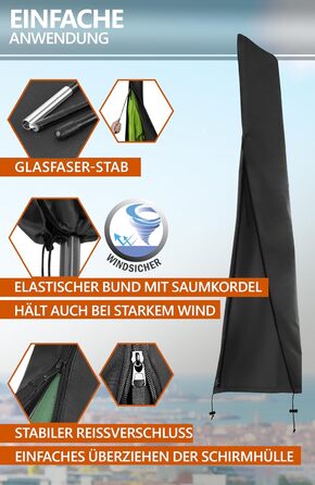 Чохол для парасольки Menz 2-4 м, 420D Oxford, водовідштовхувальний, UV-стійкий, захист від вітру, для саду (Чорний, 174x32/35 см)