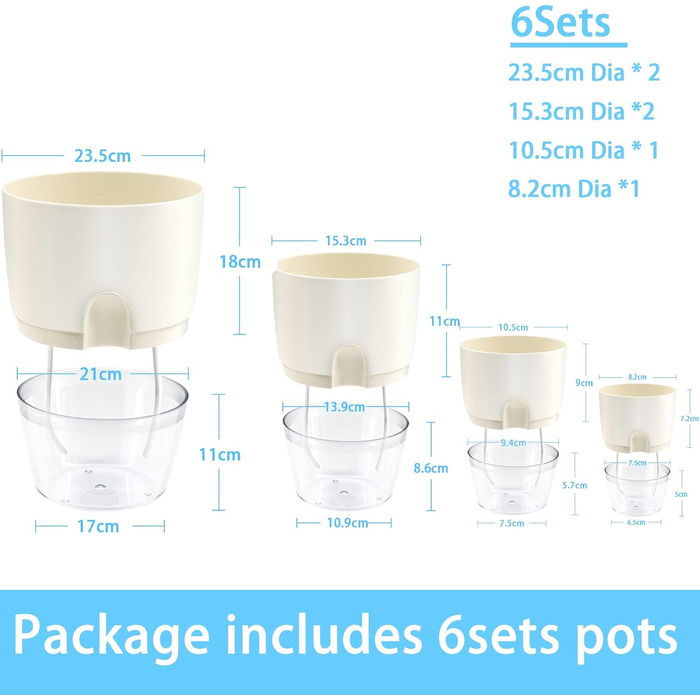 Набір горщиків для квітів з самополивом, 6 шт., білий, 22.3-10.5 см - для кімнатних рослин, квітів та трав'яних рослин