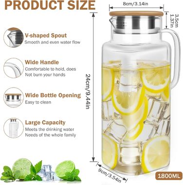 Скляна карафа Glaskaraffe 1,8 л з дерев'яним кришкою, 1800 мл. Ідеально для води, чаю, соків та молока. Зручний V-подібний носик для наливання.