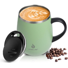 Кружка для кави та чаю Ideus 470 мл з нержавіючої сталі, подвійні стінки, ізольована, з неслизьким ручним тримачем та кришкою-модулем, великий об'єм, колір: трав'яний зелений