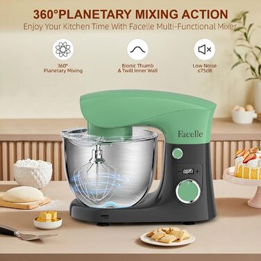 Кухонна машина-міксер Facelle 1500W з великою чашею 5.5/4.5л, 10+ програм, тиха робота, набір насадок (зелено-сірий)