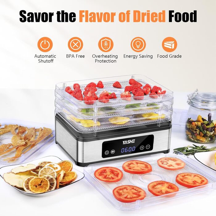 Електричний дегідратор YASHE з нержавіючою сіткою, 5-ярусний, 400W, з таймером для м'яса, фруктів, овочів, трав та собачих ласощів. 5 ярусів з нержавіючої сталі