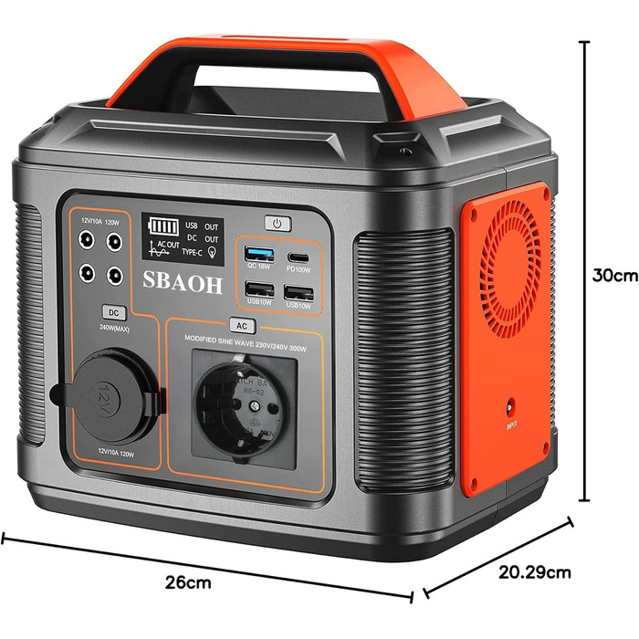 Портативна електростанція 300W SBAOH, 296Wh, Генератор з швидкою зарядкою, 230V AC, Розетки/DC порти та LED ліхтарик, Мобільний генератор для подорожей/кемпінгу/відпочинку на природі