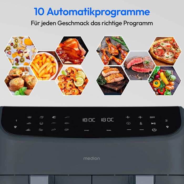 MEDION P20 XXL Фритюрниця з гарячим повітрям з 2 камерами (8,7 л, Airfryer, 2600 Вт, подвійна камера, 10 автоматичних програм, 2 висувні ящики, віконце, Dual Airfryer, ILAG PFAS-free, MD11760) матово-білий, матово-сірий