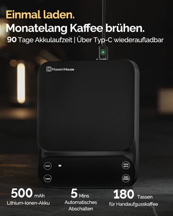 Ваги для кави Maestri House S3 з таймером, 3 кг/0,1 г, перезаряджувані, цифрові, для еспресо, з 3 режимами заварювання, регульованими співвідношеннями та індикатором потоку, для Pour Over, French Press – чорні