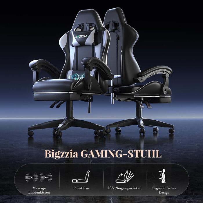 Ігровий крісло Bigzzia з масажем та підніжкою, ергономічний дизайн, регульована спинка 90-135°, з подушками для голови та попереку, білий