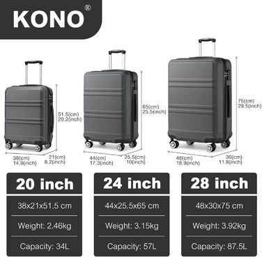 Чемодан середнього розміру KONO 24 дюйми з ABS-пластику з TSA-замком, 4 колеса, 65×44×25.5 см, сірий, 3-секційний набір