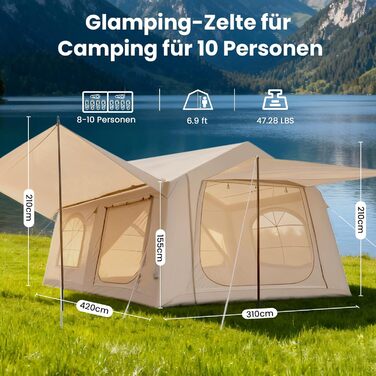 Надувний намет для кемпінгу Oxford 10 осіб з навісом - водонепроникний сімейний намет для глемпінгу