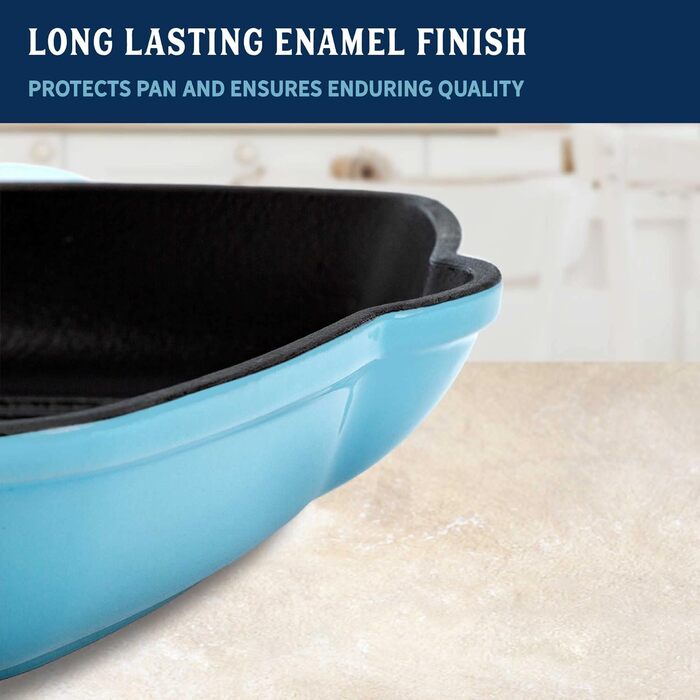 Квадратна сковорода для гриля Country Living з емальованого чавуну, антипригарне покриття, виливний носик, посуд для кухні та вулиці, блакитна, 28 см