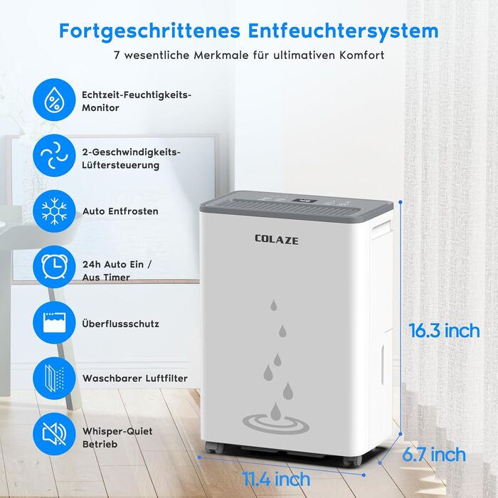Електричний осушувач повітря COLAZE 20л/24г, для дому, підвалу, квартири, 150 м³ (50 м²), тихий, 20л-NEW