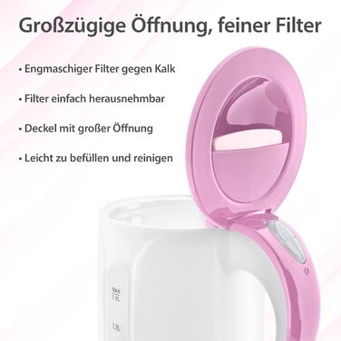 Чайник 1 л, Чайник малий, Туристичний чайник із захистом від сухого ходу, легкий (650 г), Без бісфенолу А, 1100 Вт, TV Rheinland GS протестований, Чайник, Чайник 1 літр, Міні чайник, Рожевий Рожевий, 24
