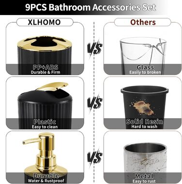 Набір аксесуарів для ванної кімнати 9 шт. Чорний та золотий: відро, органайзер для косметики, дозатор мила, мильниця, тримач для зубних щіток, стаканчик для щіток, WC-щітка, контейнер для ватних паличок