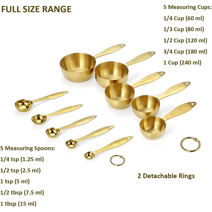 Золотий набір мірних чашок і ложок, нержавіюча сталь, 10 шт. , які можна штабелювати, 5 чашок і 5 ложок, для сухих і рідких інгредієнтів