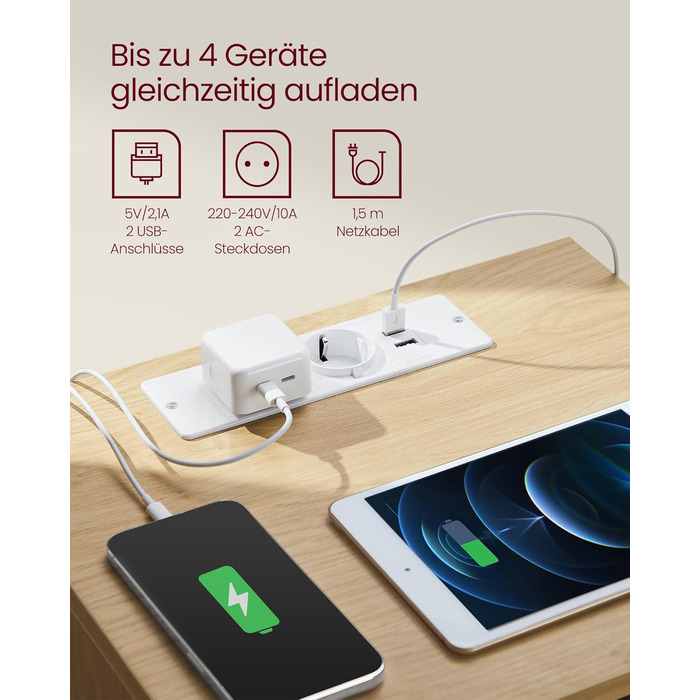 Приліжкова тумбочка VASAGLE Kailyn з розетками та USB-портами, 3 шухляди, сучасний дизайн, сіро-коричневий колір, LET831G01