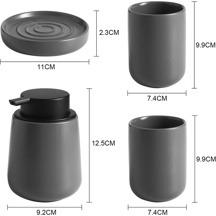 Керамічний набір для ванної кімнати, 4 шт. и дозатор для мила, мильниця, 2 чашки для зубних щіток, сірий - Autumnlife
