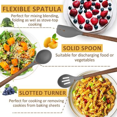 Набір кухонних аксесуарів Kochutensilien, 8 предметів з дерев'яною ручкою, силіконовий, антипригарний, термостійкий (сірий)