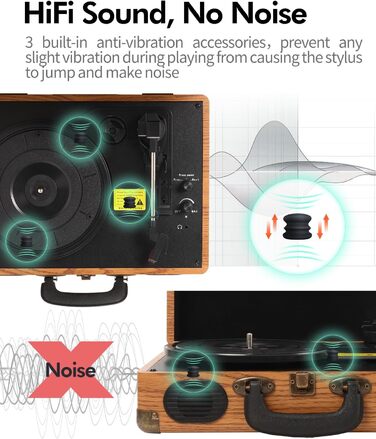 Вініловий програвач з Bluetooth, цифровим енкодером, вбудованими стереодинаміками, 3 швидкості (33/45/78 об/хв), AUX-вхід/вихід, натуральне дерево