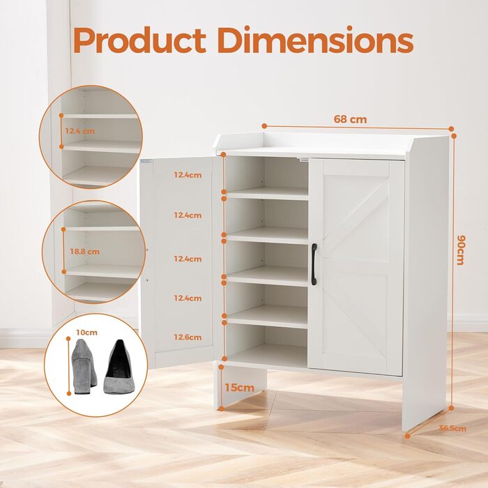 Шафа для взуття 5-ярусна в стилі фермерського дому з 2 дверцятами, самостійна шафа для взуття з регульованою полицею та металевими кутовими прикрасами для передпокою та коридору, біла