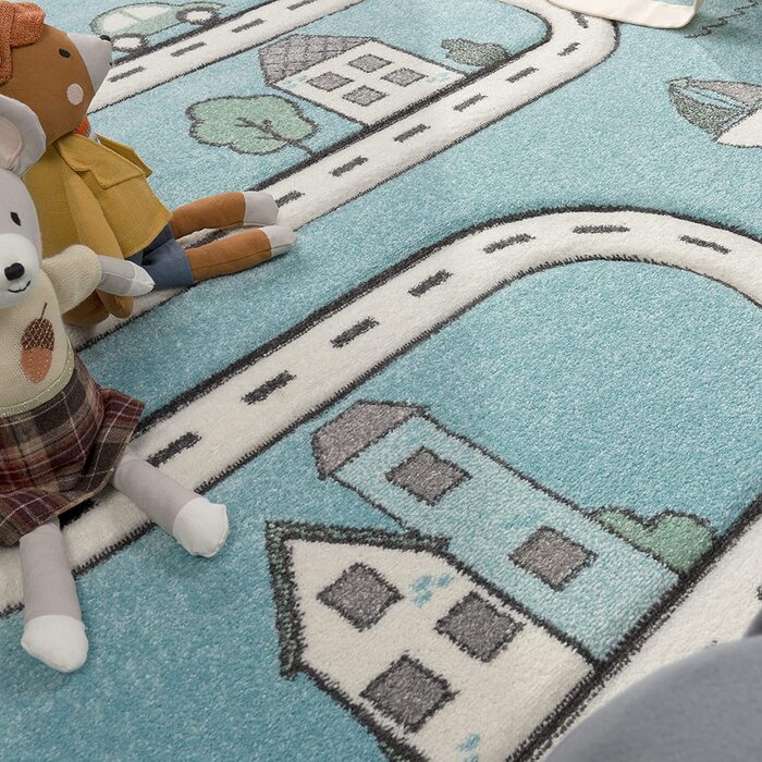 Дитячий домашній килим Paco для дитячої кімнати, сучасний навчальний килим, вуличний автомобільний дизайн будинку, Розмір (140x200 см, синій)