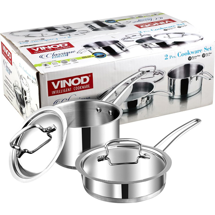 Набір кухонного посуду Vinod Classique Deluxe з нержавіючої сталі, 7 предметів: казан, сковорода, каструля з ручкою, соусник, кухонні аксесуари, індукційне дно, 2 роки гарантії