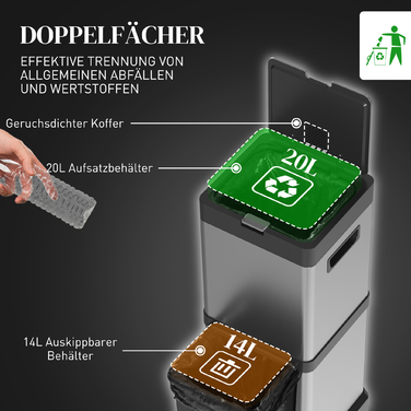 Сміттєвий відер з педаллю та розділенням 20+14 л, нержавіюча сталь, з кришкою та вийманими внутрішніми контейнерами, 32,5 x 31,5 x 78 см, сріблястий