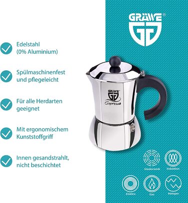 Кавоварка Gräwe espresso, виготовлена ​​з нержавіючої сталі (0 % алюмінію), ємність приблизно 200 мл або 4 маленькі чашки, також підходить для індукційних плит