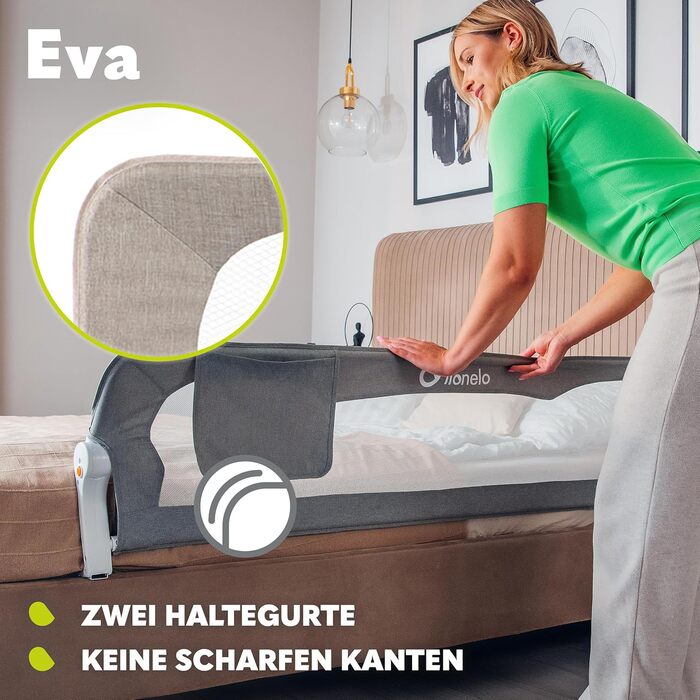 Бортик для ліжка Lionelo Eva захисний, 150 см, бежевий - сітка, складаний (180°), легкий монтаж