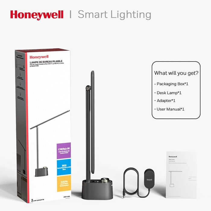 Настільна лампа Honeywell з USB, з можливістю затемнення, легко для очей, складна, HWT-H01 (чорна)