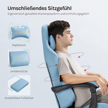 Ігровий крісло WOLTU з регульованою спинкою, обертовий офісний крісло з підлокітниками, підставкою для ніг, поперековою підтримкою, підголівником, блакитний