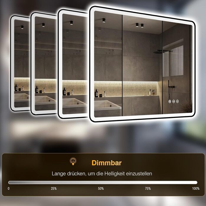 LED дзеркало для ванної кімнати 80x60 см з підсвічуванням, диммер, протитуманне покриття, 3 кольори світла, IP44, функція пам'яті, горизонтальний/вертикальний монтаж