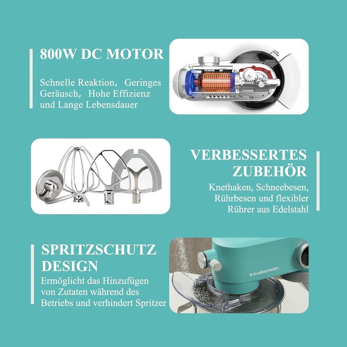 Кухонна машина 5л для замішування тіста: хліб, піца, з таймером, 8 швидкостей, нержавіюча чаша, гак, вінчик, міксер (блакитна)
