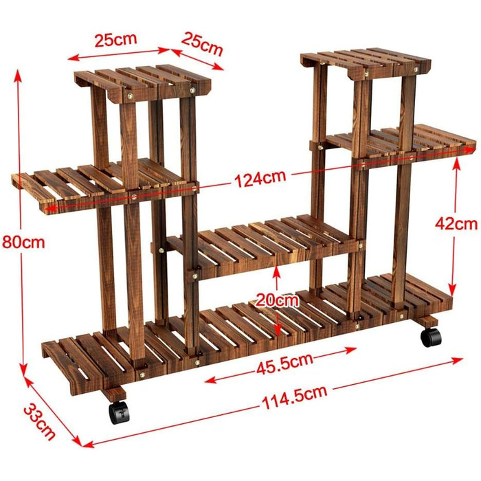 Полиця для рослин Yaheetech з колесами, 4 яруси, масив дерева, для внутрішнього та відкритого приміщень, 124x33x80 см