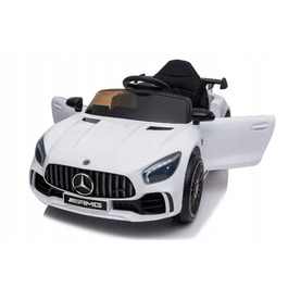 Дитячий електромобіль Mercedes GTR-S: м'які колеса EVA, шкіряне сидіння, білий колір, з пультом ДК