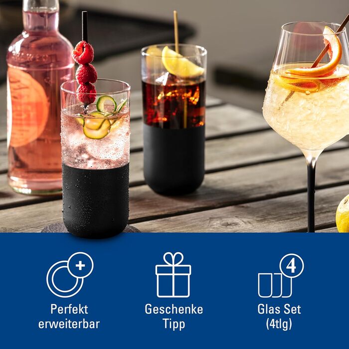 Набір склянок Villeroy & Boch Manufacture Rock: 4 шт, 300 мл, матовий чорний, ручне розписування, для коктейлів, лонгдрінків, мохіто, кайпіріньї, кришталеве скло