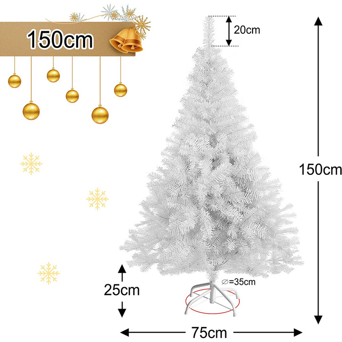 Штучна Різдвяна ялинка Homewit 150 см (діаметр близько 75 см), штучна Біла ялинка з 420 гілками, знімна складна ялинка