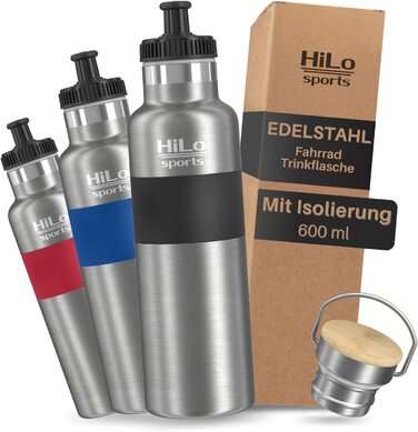 Спортивна пляшка для пиття для велосипедів HiLo з ізоляцією з нержавіючої сталі-спортивна пляшка з подвійними стінками - металева пляшка для велосипедів з термосом-герметична спортивна пляшка з нержавіючої сталі (600 мл) чорний