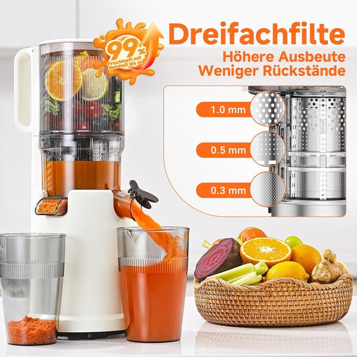 AOBOSI Швидкий соковитискач з великою завантажувальною воронкою 135 мм, 200 Вт, холодний віджим, соковитискач із функцією зворотного ходу та потрійним фільтром, BPA-free, тихий, ідеальний для свіжого соку з фруктів та овочів (45 мм, темно-синій)