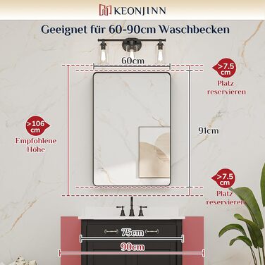 Дзеркало Keonjinn Wand Spiegel 40x50 см з металевим каркасом, прямокутне. Для ванної кімнати, вітальні, спальні, коридору. Чорний колір. Розміри: 90 x 60 см