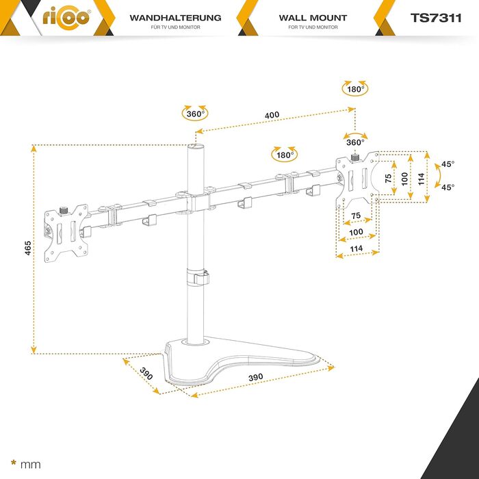 Підставка для монітора RICOO на 2 монітори, Dual Monitor Arm, TS3811, для 17-27 дюймів, PC Gaming, стіл