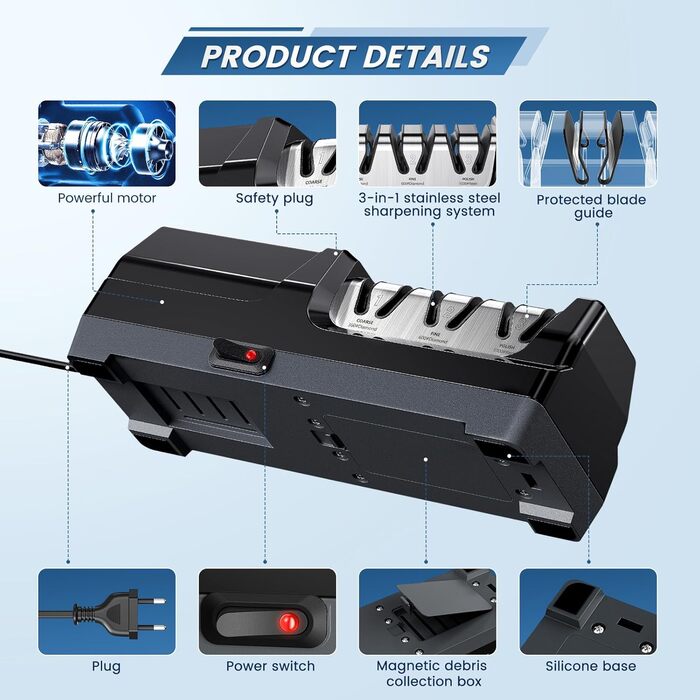 Електричний точило для ножів MusyVocay з алмазним покриттям, професійне 3-ступеневе, кухонне точило з регулюванням кута 20 градусів для грубого шліфування та відновлення леза (чорний)