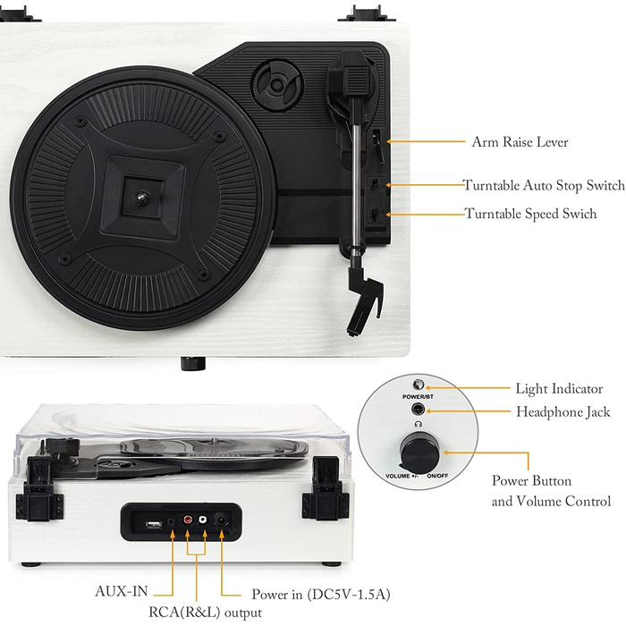 Вініловий програвач Udreamer з Bluetooth, вбудованими динаміками, ремінним приводом, 3 швидкості, ретро-стиль, білий, для музики та декору