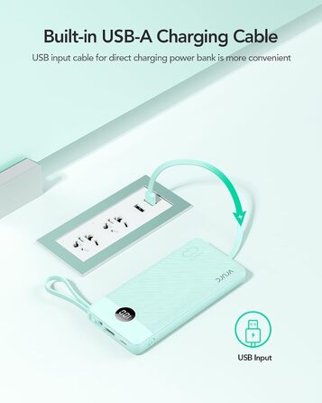 Повербанк VRURC 10000mAh з кабелем, LED-дисплей, 5 виходів, 2 входи, USB C, зелений, для смартфонів