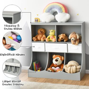 Дитяча полиця GOPLUS з 5 відділеннями для зберігання та 3 складними коробками для тканини, полиця для іграшок, полиця для дитячого зберігання, органайзер для іграшок зі стійкою підставкою для ніг, ідеально підходить для дитячої кімнати (сірий)