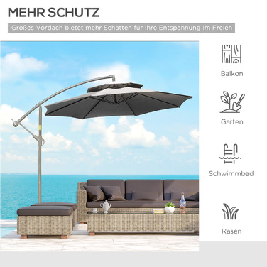 Outsunny Parasol Centilever Parasol Ø2.67 x 2.45 м Кривошипна парасолька з подвійним навісом Поперечна основа Сталь Сталевий Поліестер Сталь Світло-Сірий